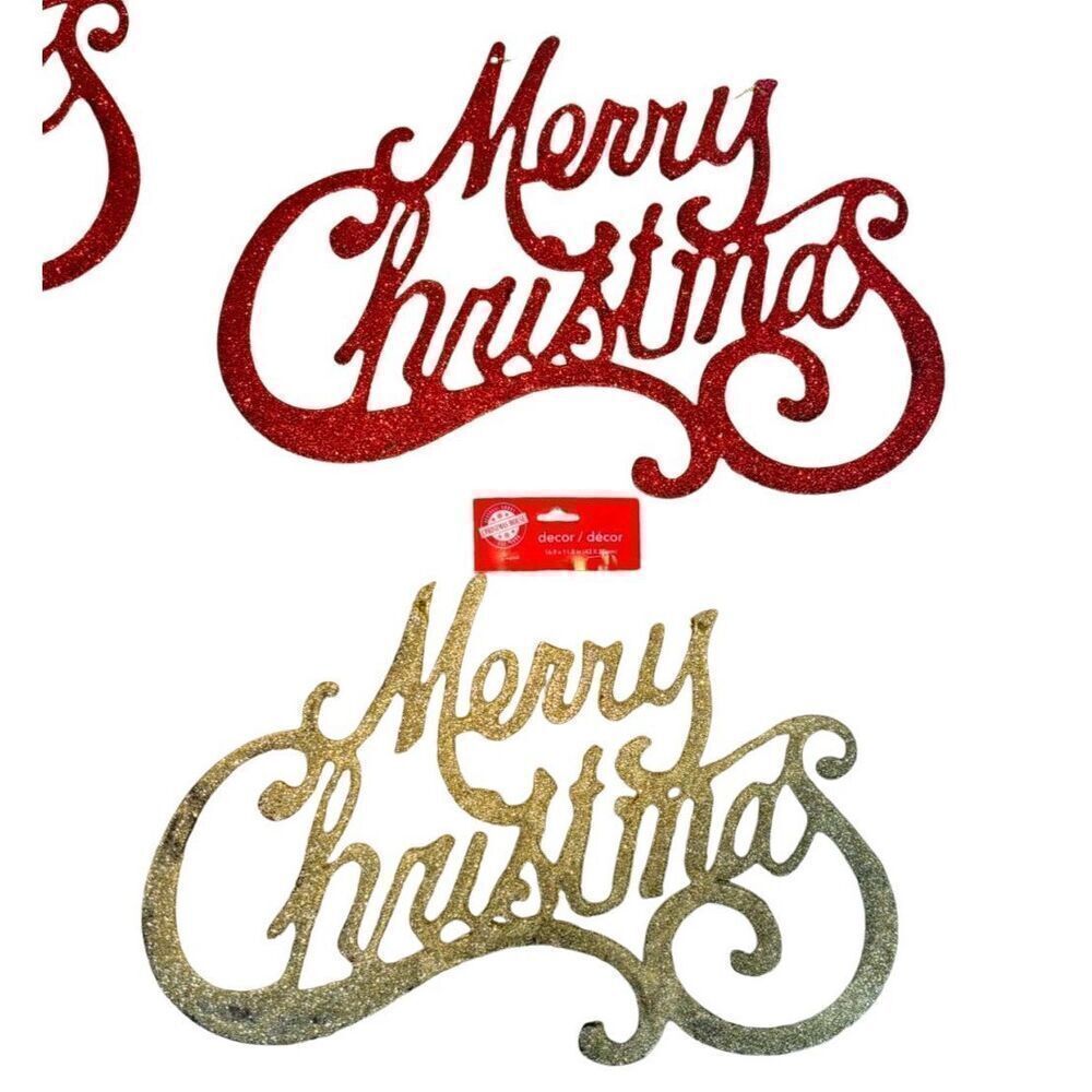 Merry Christmas glittery red and gold wall hanging decor 17 by 12 brand new 2gol